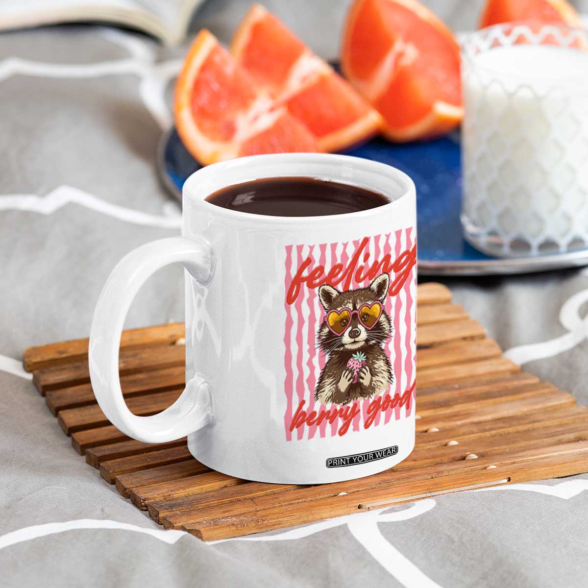 Feeling Berry Good Coffee Mug Funny Raccoon Strawberry Summer Vibes TS14 Print Your Wear