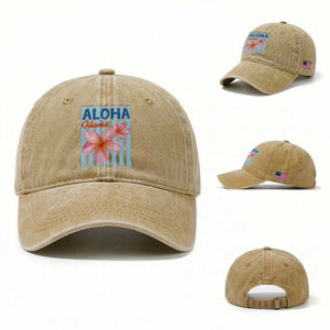 Aloha Hawaii Washed Cotton Baseball Cap Hibiscus Flower Tropical Beach Vacation TS14 Washed Cap Universal Fit Khaki Print Your Wear
