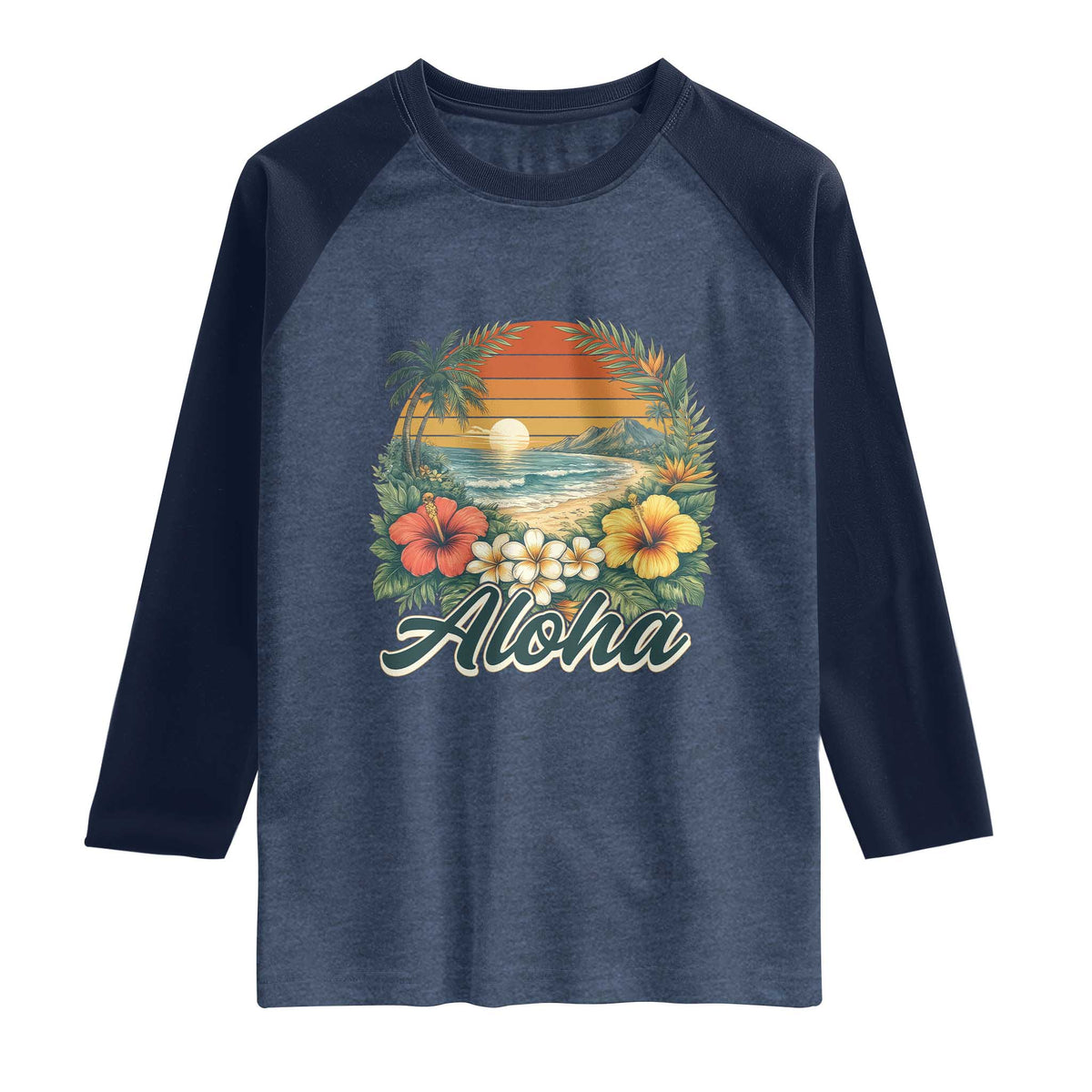 Aloha Hawaii Summer Raglan Shirt Vintage Tropical Beach Graphic TS14 Heather Denim Navy Print Your Wear
