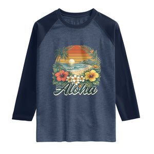 Aloha Hawaii Summer Raglan Shirt Vintage Tropical Beach Graphic TS14 Heather Denim Navy Print Your Wear