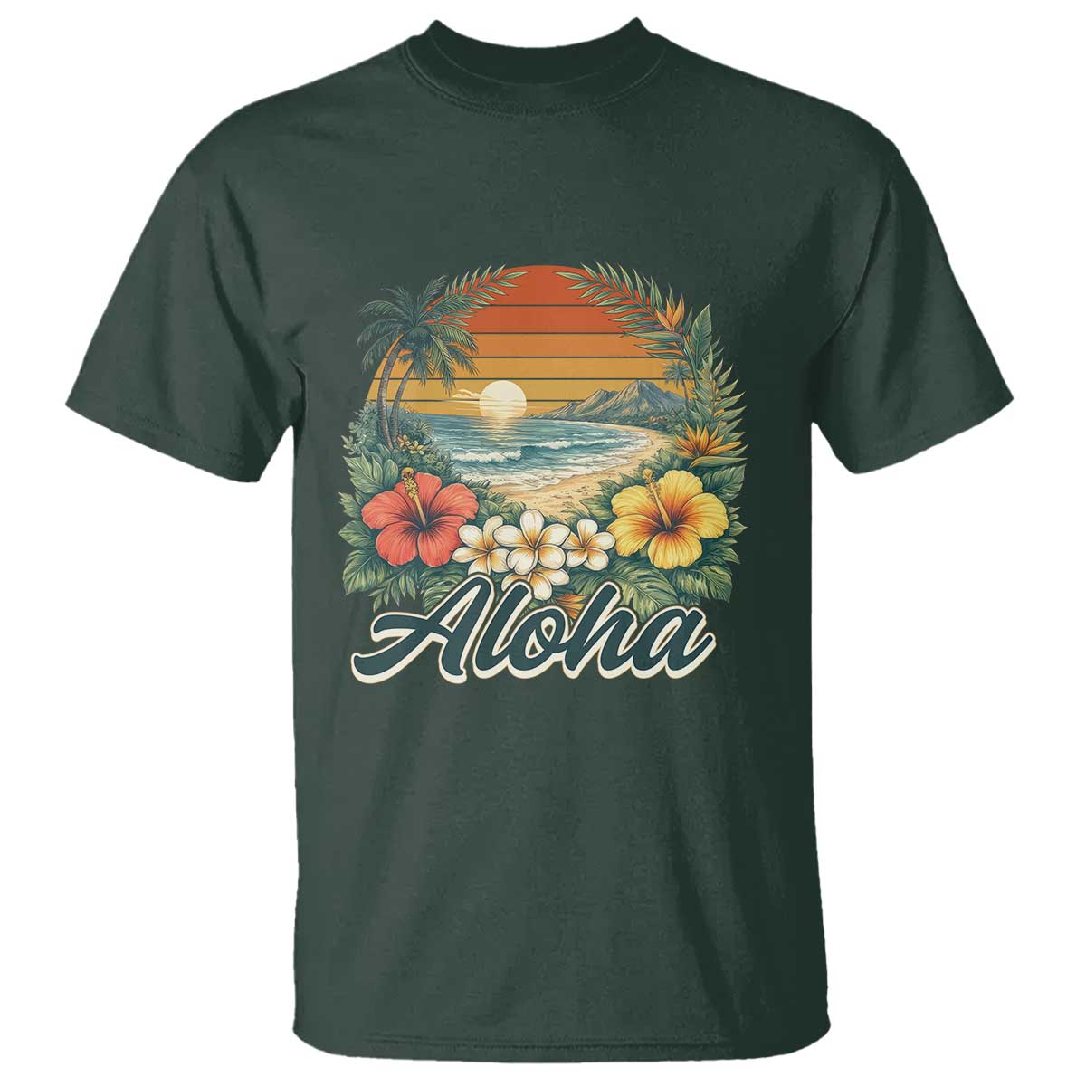 Aloha Hawaii Summer T Shirt Vintage Tropical Beach Graphic TS14 Dark Forest Green Print Your Wear