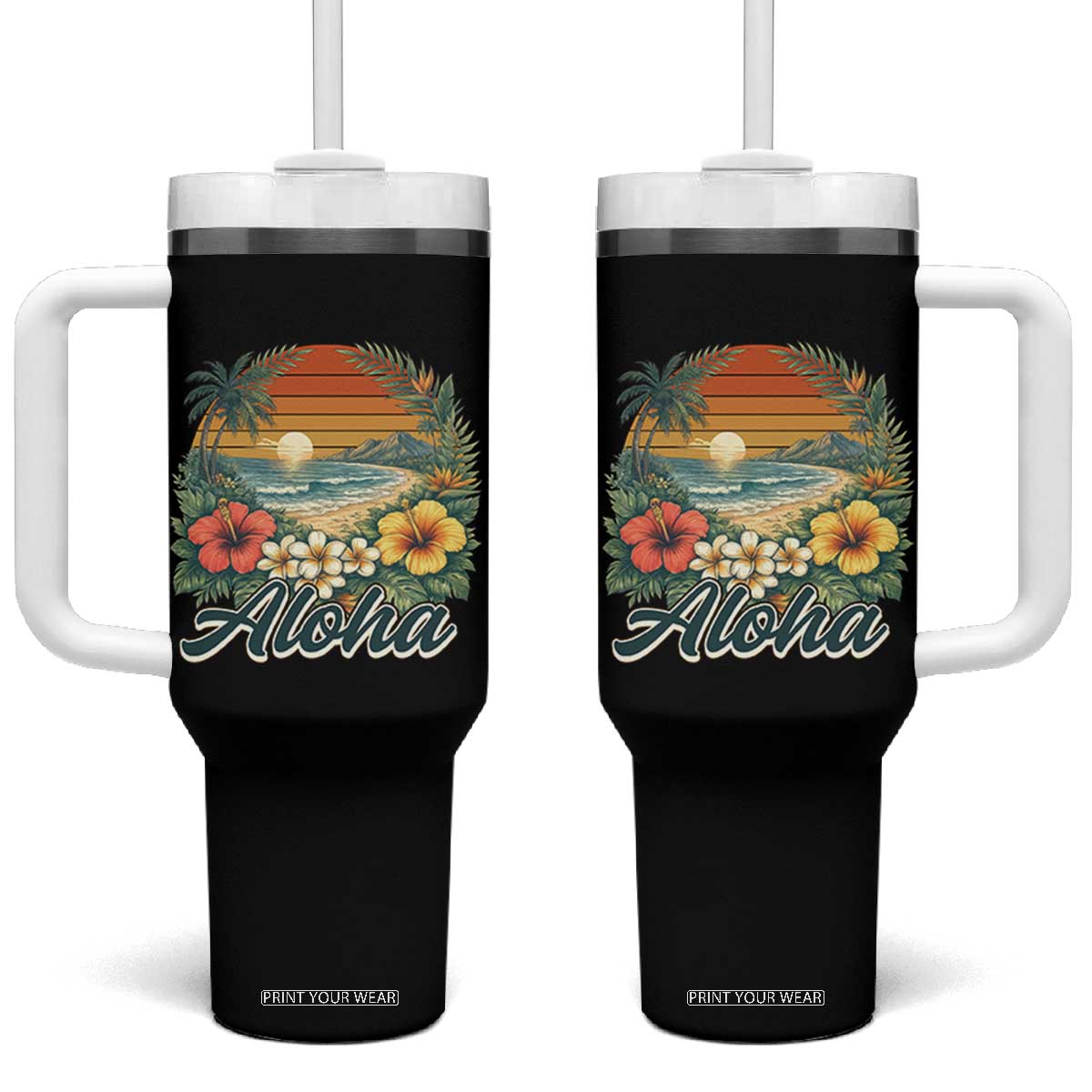 Aloha Hawaii Summer Tumbler With Handle Vintage Tropical Beach Graphic TS14 One Size: 40 oz Black Print Your Wear