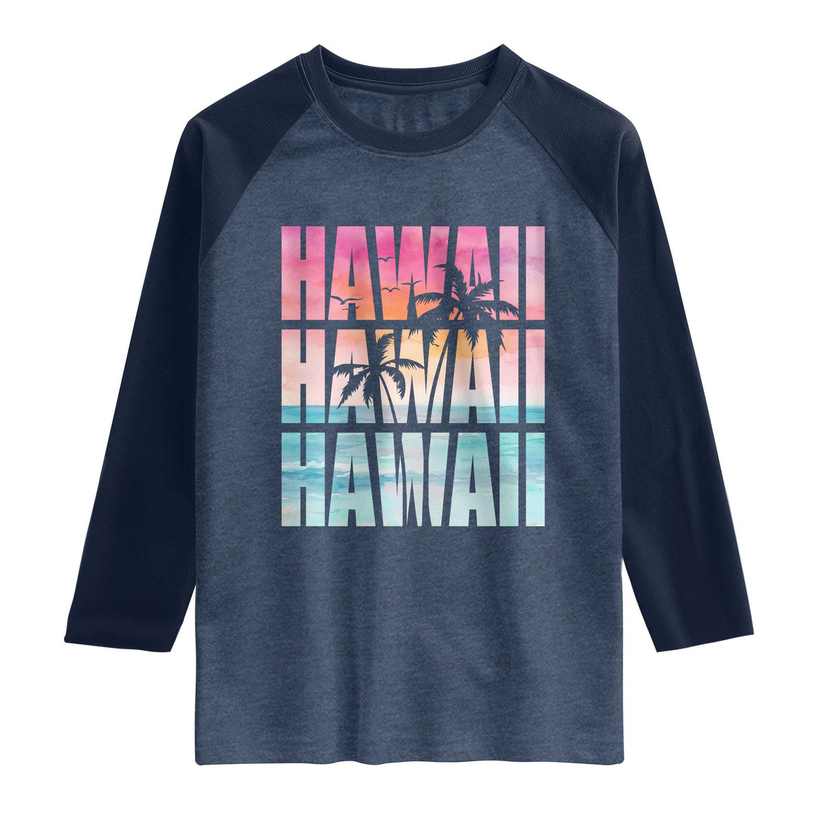 Hawaii Summer Vacation Raglan Shirt Vintage Tropical Beach Graphic TS14 Heather Denim Navy Print Your Wear