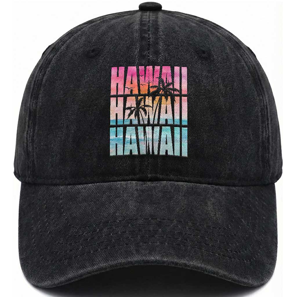 Hawaii Summer Vacation Washed Cotton Baseball Cap Vintage Tropical Beach Graphic TS14 Print Your Wear