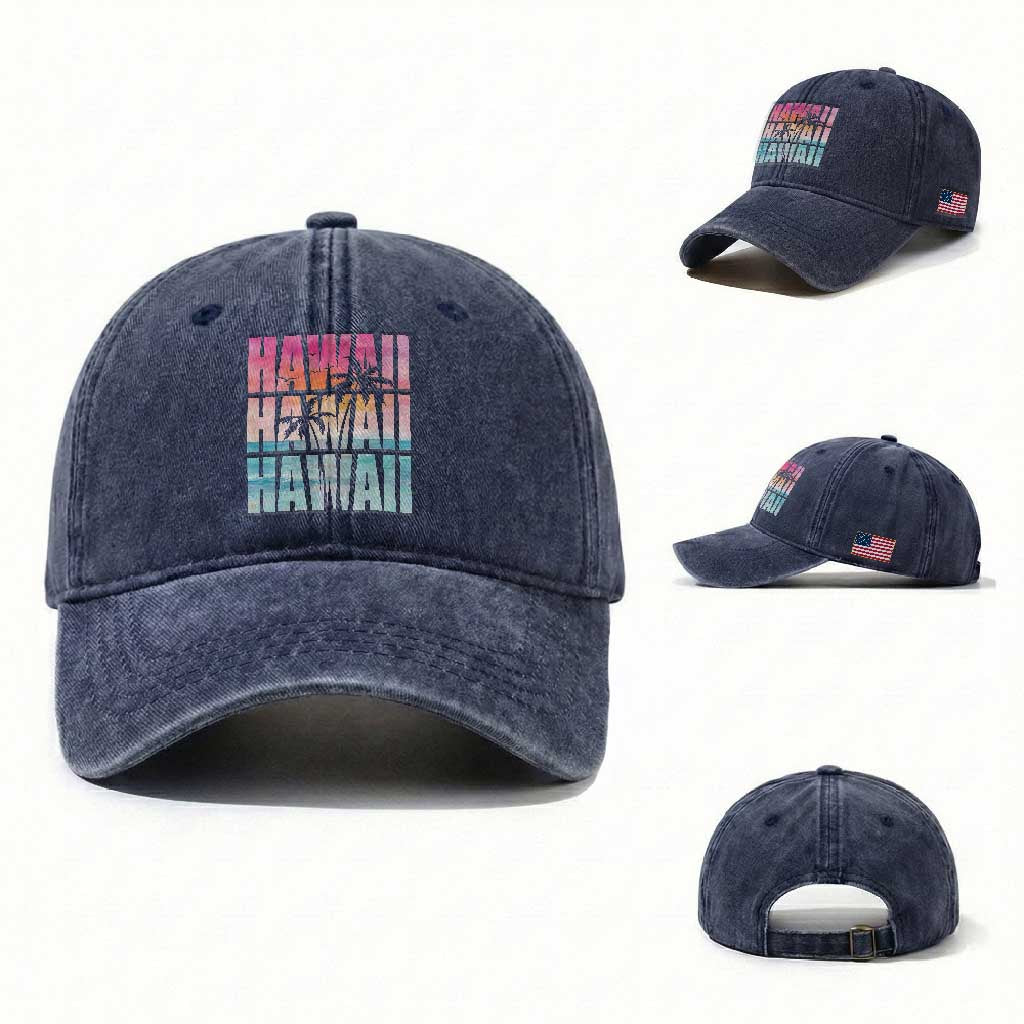 Hawaii Summer Vacation Washed Cotton Baseball Cap Vintage Tropical Beach Graphic TS14 Washed Cap Universal Fit Navy Print Your Wear