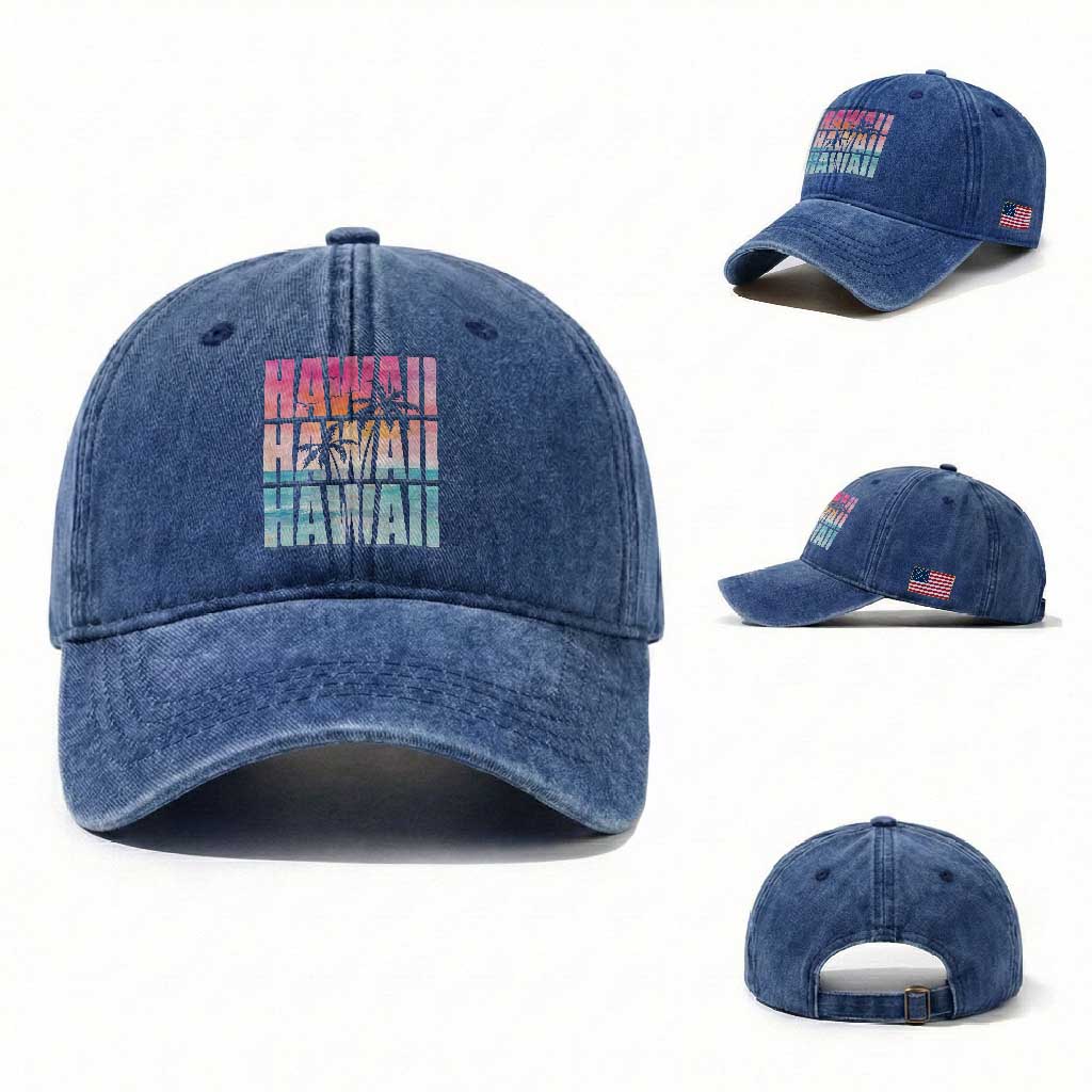 Hawaii Summer Vacation Washed Cotton Baseball Cap Vintage Tropical Beach Graphic TS14 Washed Cap Universal Fit Royal Blue Print Your Wear