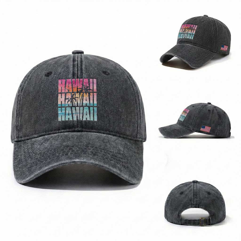 Hawaii Summer Vacation Washed Cotton Baseball Cap Vintage Tropical Beach Graphic TS14 Washed Cap Universal Fit Dark Gray Print Your Wear