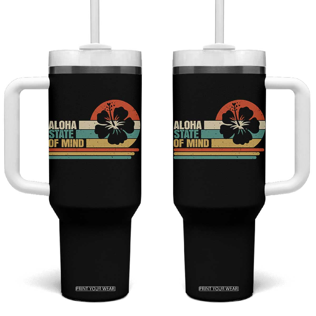 Aloha State Of Mind Tumbler With Handle Tropical Hibiscus Floral TS14 One Size: 40 oz Black Print Your Wear