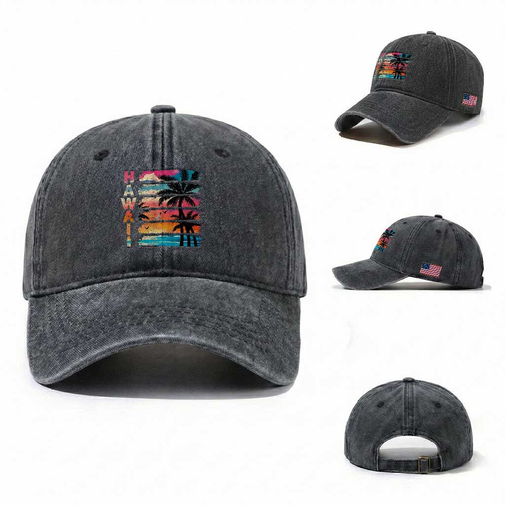 Vintage Hawaii Tropical Beach Vacation Washed Cotton Baseball Cap TS14 Washed Cap Universal Fit Dark Gray Print Your Wear