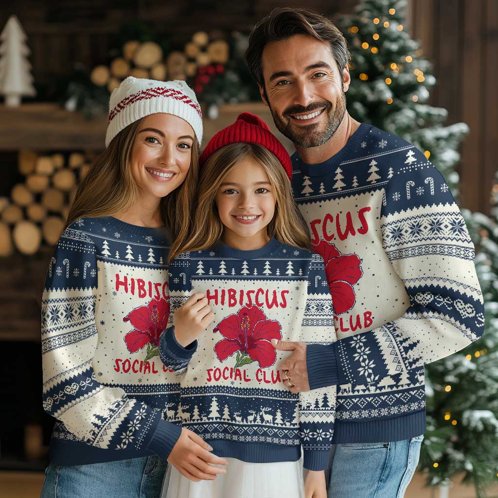Hibiscus Flower Ugly Christmas Sweater Aloha Hawaii Tropical Beach Vacation TS14 Beige Navy Print Your Wear