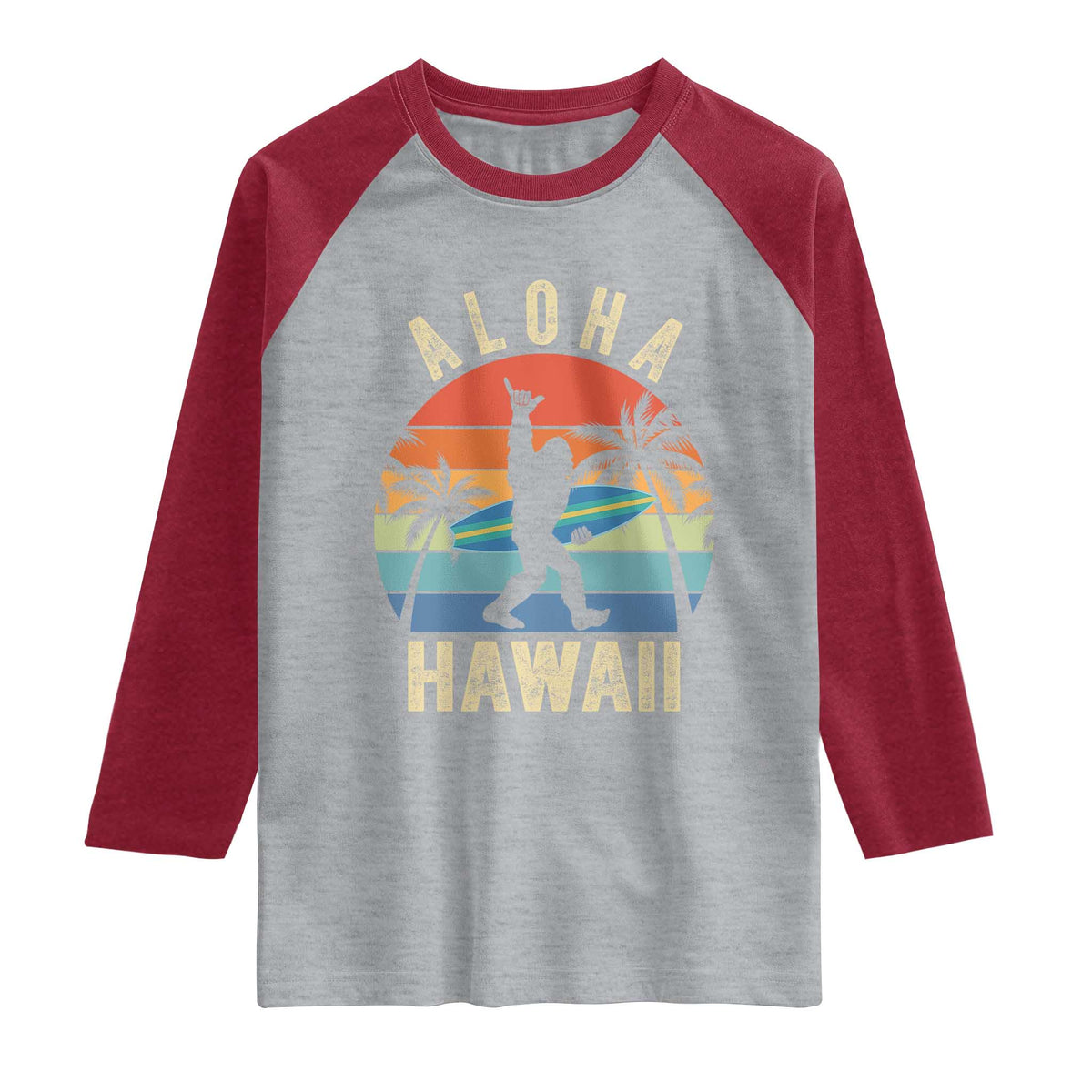 Funny Bigfoot Aloha Hawaiian Surfing Raglan Shirt Tropical Beach Surfer Gift TS14 Heather Gray Heather Red Print Your Wear