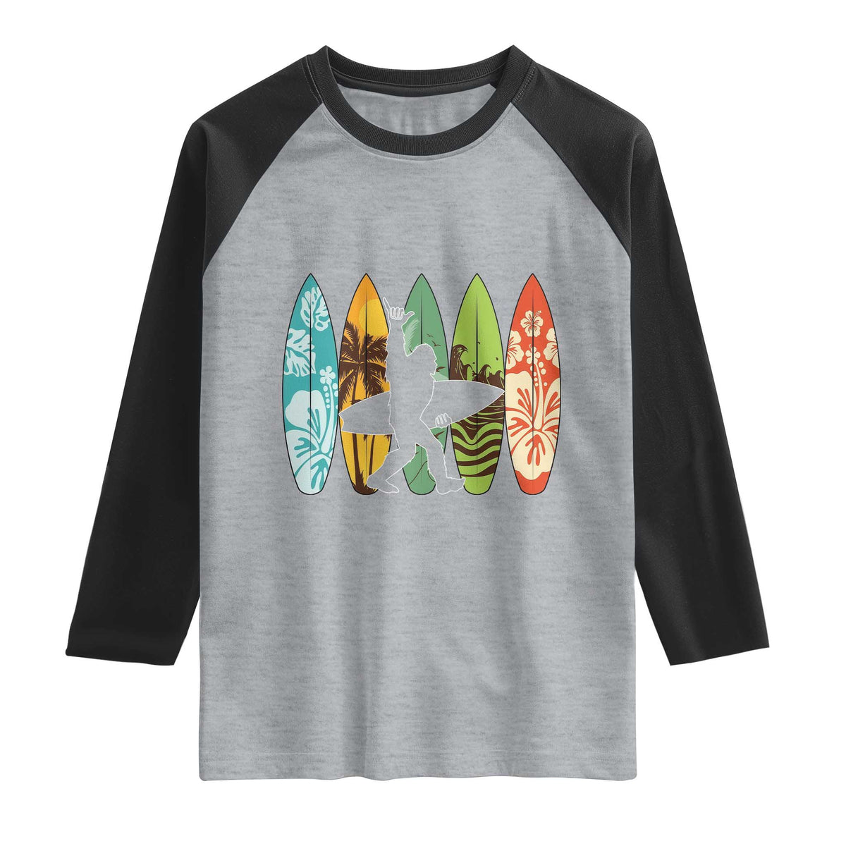 Funny Bigfoot Aloha Hawaiian Surfing Tropical Beach Surfer Raglan Shirt TS14 Heather Gray Black Print Your Wear