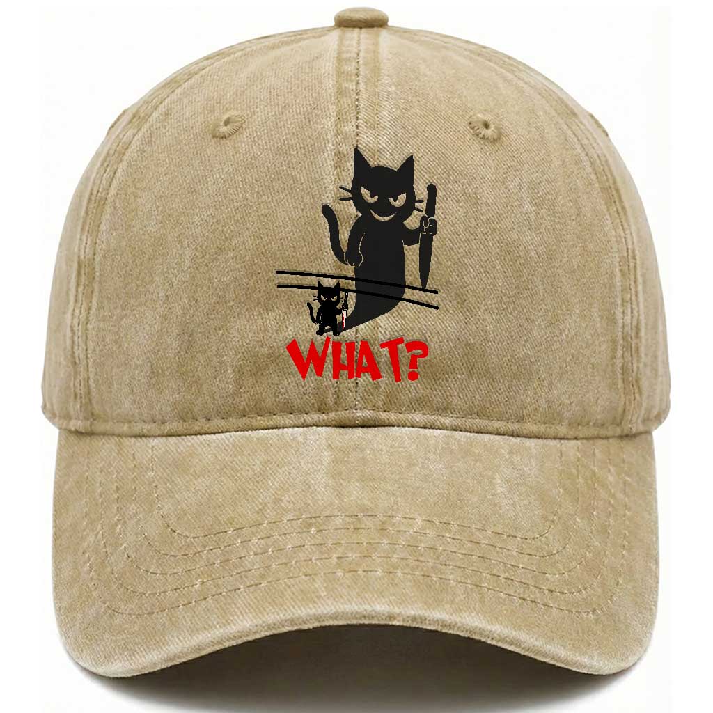 Murder Cat What Washed Cotton Baseball Cap Funny Black Kitty Holding Knife Meme TS14 Washed Cap Universal Fit Khaki Print Your Wear