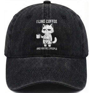 I Like Coffee And Maybe Three People Washed Cotton Baseball Cap Funny Cat Coffee Lover TS14 Washed Cap Universal Fit Black Print Your Wear