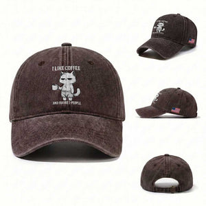 I Like Coffee And Maybe Three People Washed Cotton Baseball Cap Funny Cat Coffee Lover TS14 Washed Cap Universal Fit Dark Brown Print Your Wear