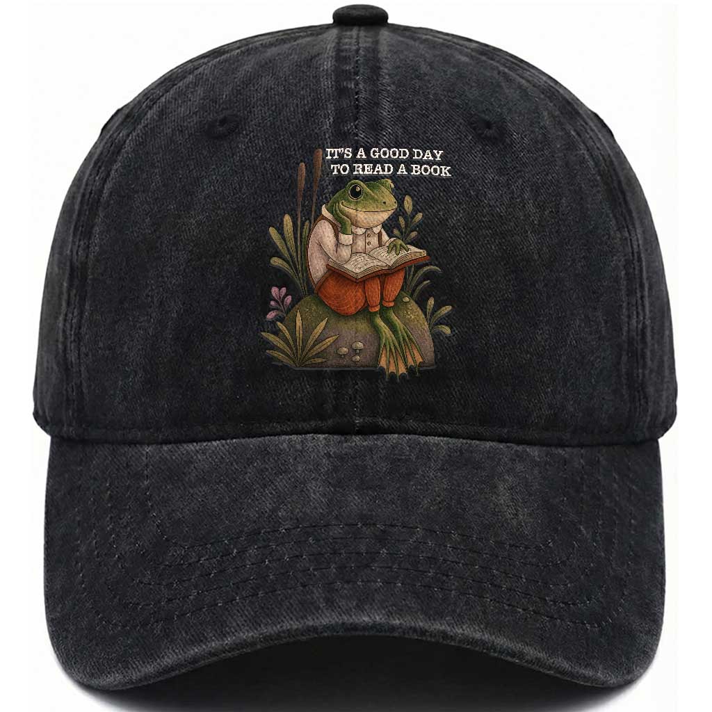 Cute Frog Reading Washed Cotton Baseball Cap It Is A Good Day To Read A Book TS14 Washed Cap Universal Fit Black Print Your Wear