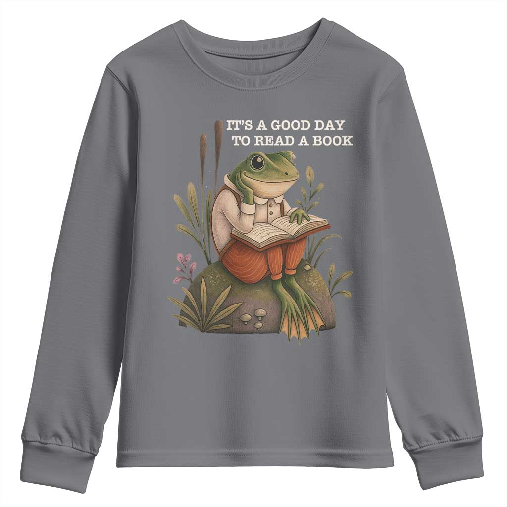 Cute Frog Reading Youth Sweatshirt It Is A Good Day To Read A Book TS14 Charcoal Print Your Wear