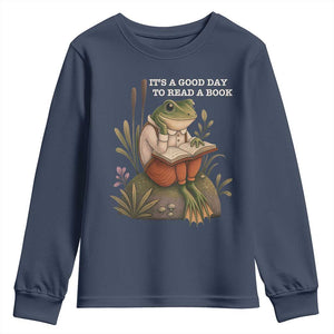 Cute Frog Reading Youth Sweatshirt It Is A Good Day To Read A Book TS14 Navy Print Your Wear