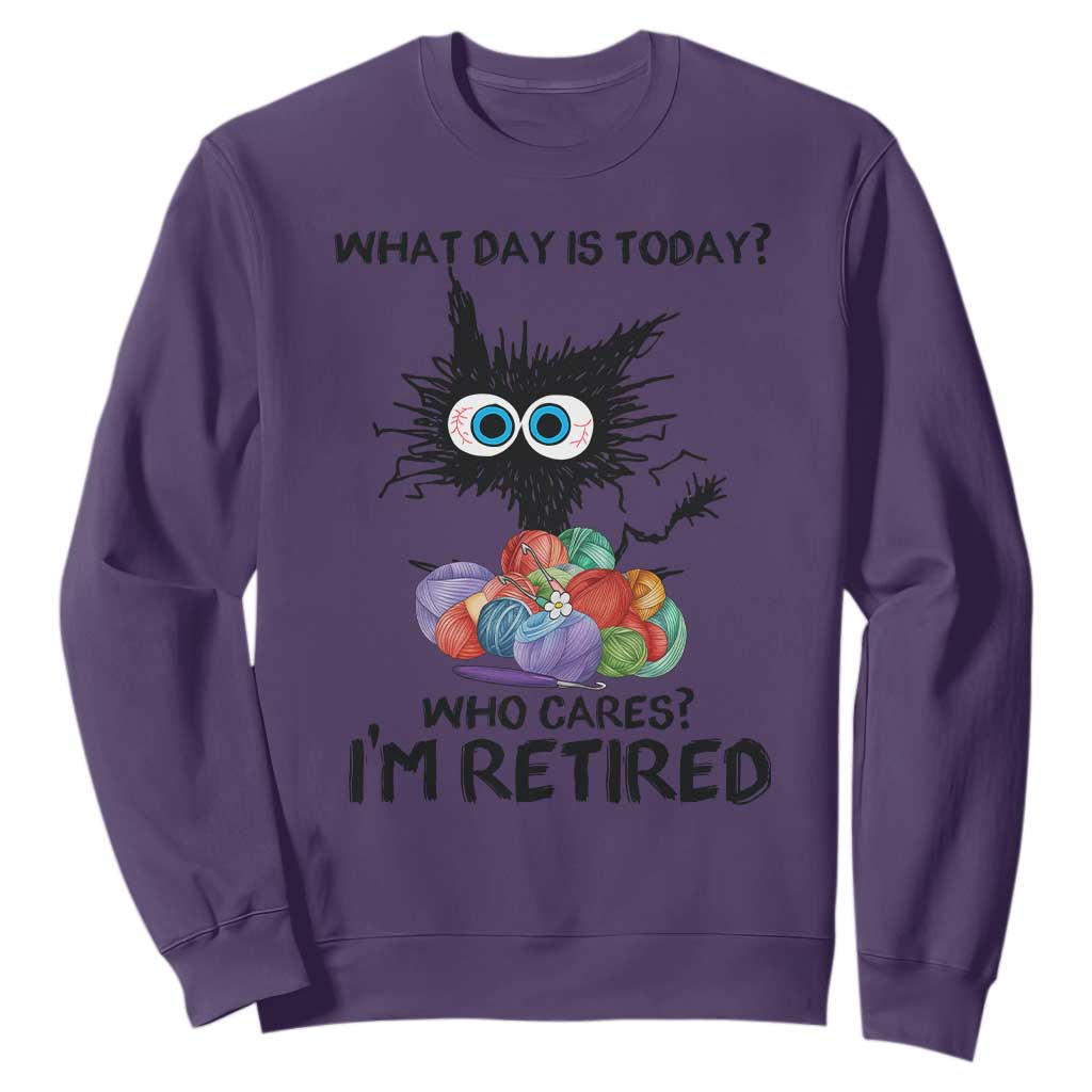 Funny Retired Cat Crochet Sweatshirt What Day Is Today Who Cares I Am Retired TS14 Purple Print Your Wear