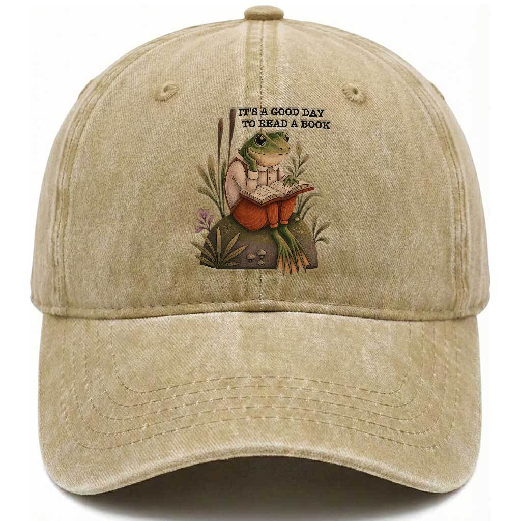 Frog Classic Books Washed Cotton Baseball Cap It Is A Good Day To Read A Book TS14 Washed Cap Universal Fit Khaki Print Your Wear