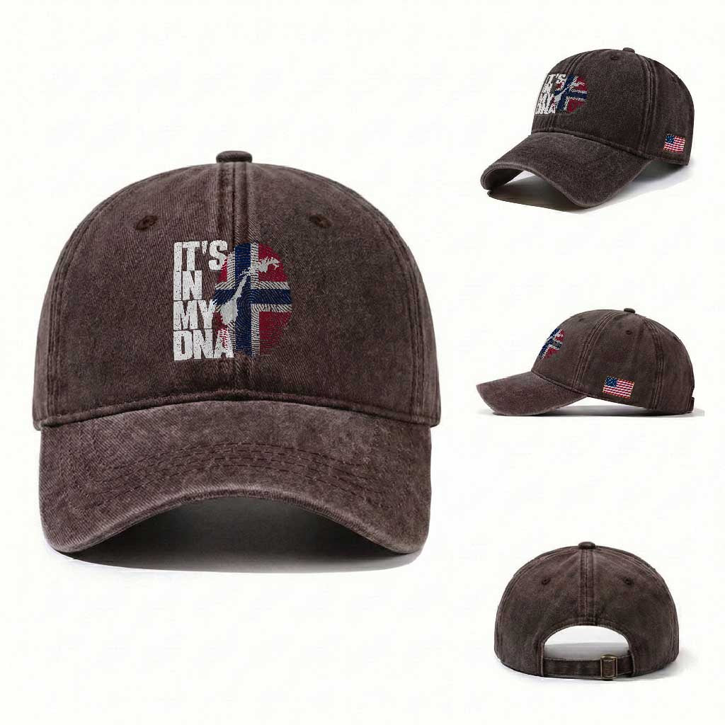 It's in My DNA Washed Cotton Baseball Cap Norwegian Norway Map Flag Pride TS14 Washed Cap Universal Fit Dark Brown Print Your Wear