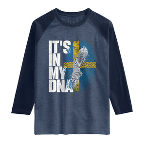 It's in My DNA Raglan Shirt Sweden Sverige Swedish Map Flag TS14 Heather Denim Navy Print Your Wear