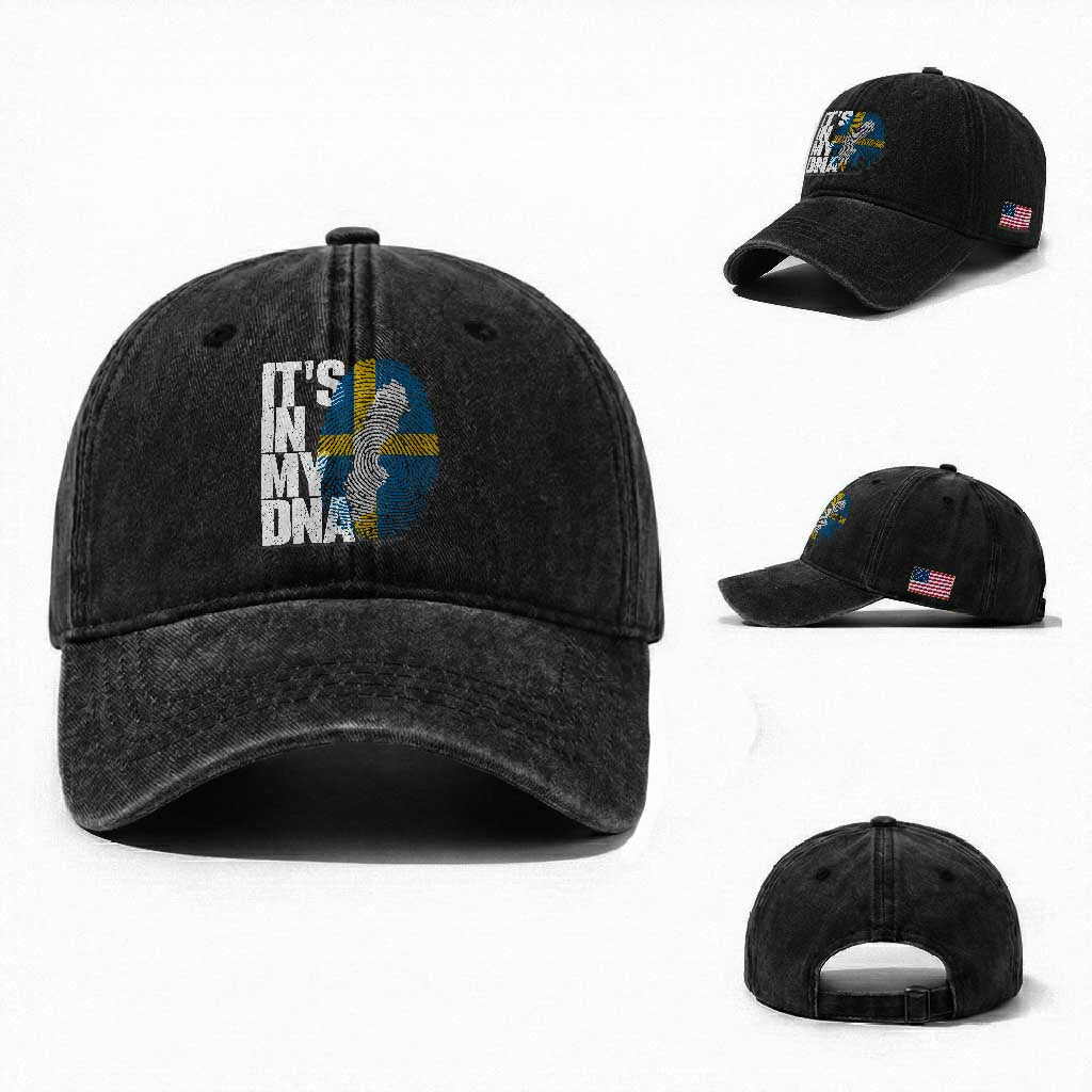 It's in My DNA Washed Cotton Baseball Cap Sweden Sverige Swedish Map Flag TS14 Washed Cap Universal Fit Black Print Your Wear