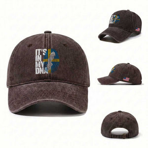 It's in My DNA Washed Cotton Baseball Cap Sweden Sverige Swedish Map Flag TS14 Washed Cap Universal Fit Dark Brown Print Your Wear