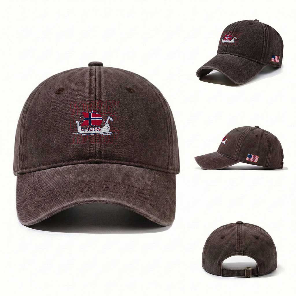 Norwegian Viking Ship Flag Boat Norway Heritage Washed Cotton Baseball Cap TS14 Washed Cap Universal Fit Dark Brown Print Your Wear