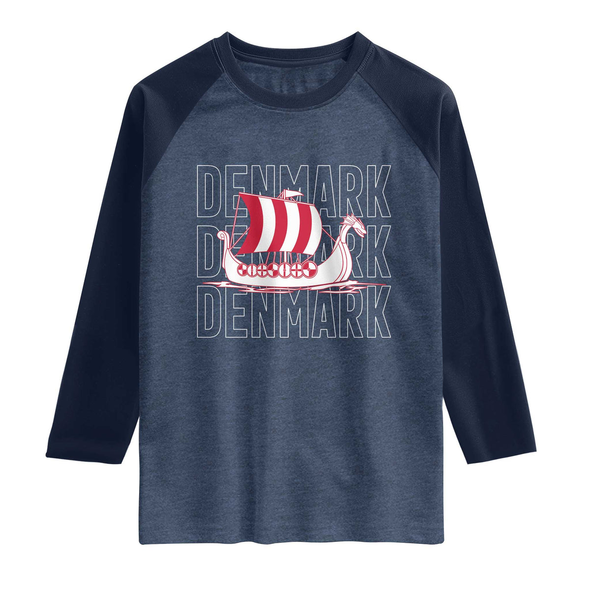 Denmark Flag Viking Ship Danes Danish Roots Dansk Denmark Raglan Shirt TS14 Heather Denim Navy Print Your Wear