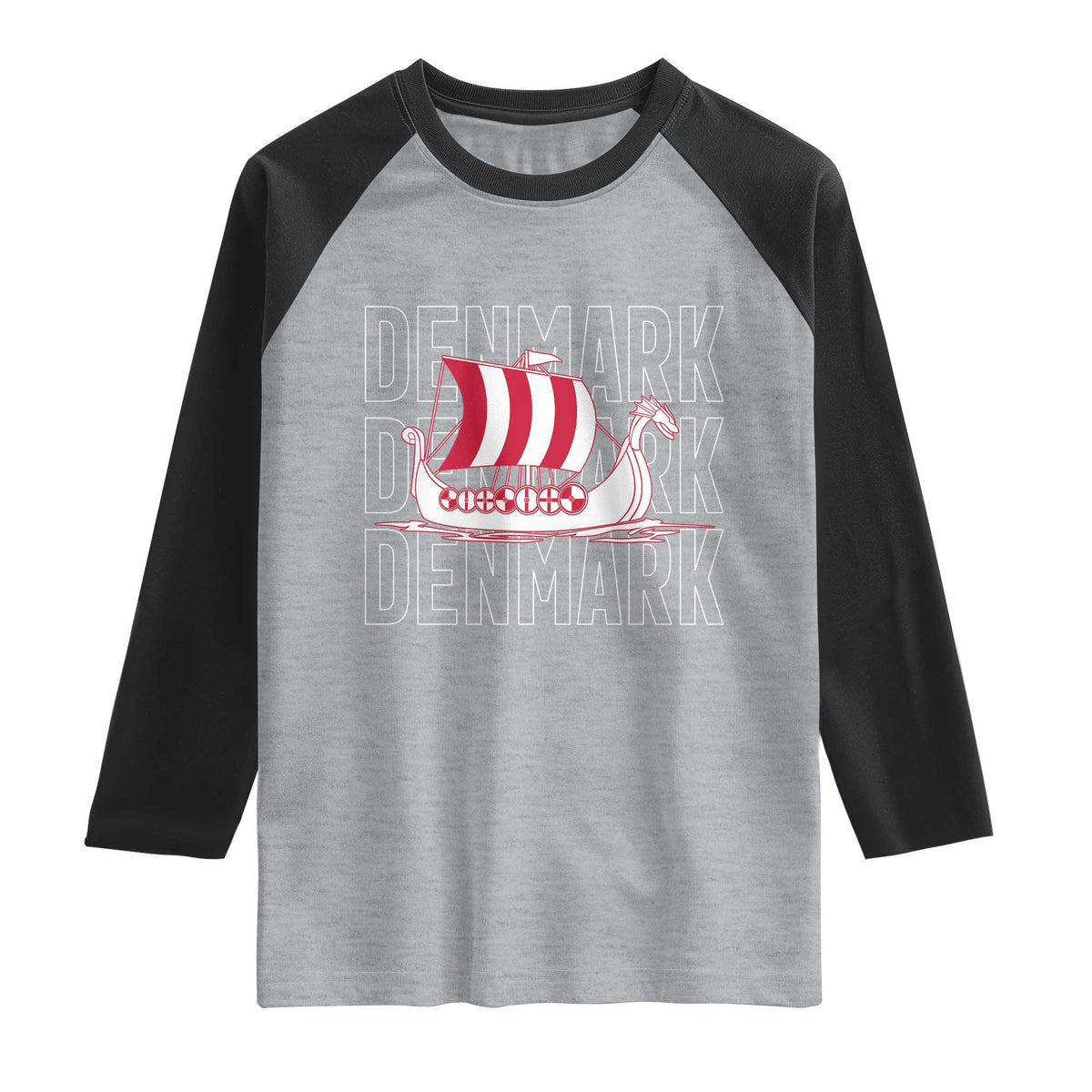 Denmark Flag Viking Ship Danes Danish Roots Dansk Denmark Raglan Shirt TS14 Heather Gray Black Print Your Wear