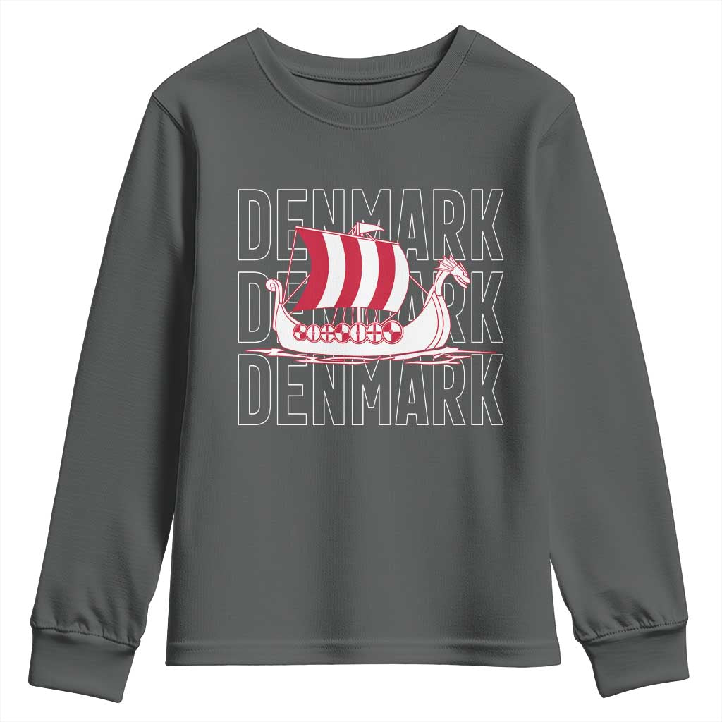 Denmark Flag Viking Ship Danes Danish Roots Dansk Denmark Youth Sweatshirt TS14 Dark Heather Print Your Wear