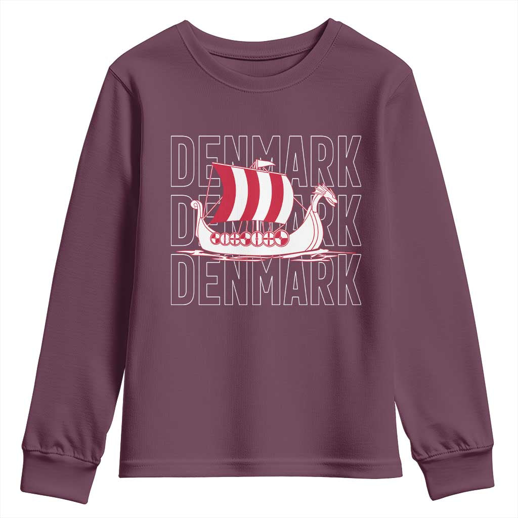 Denmark Flag Viking Ship Danes Danish Roots Dansk Denmark Youth Sweatshirt TS14 Maroon Print Your Wear