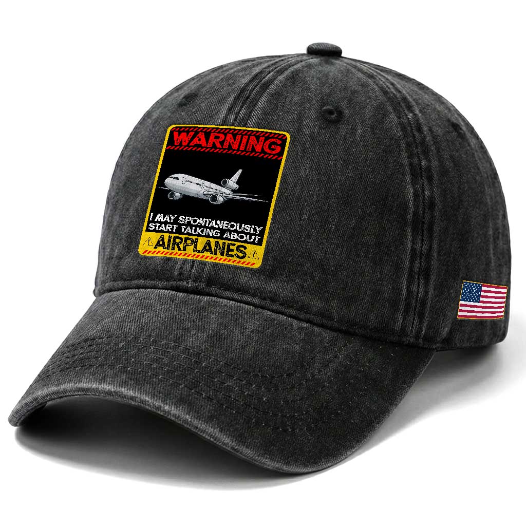 Funny Pilot Washed Cotton Baseball Cap Warning May Spontaneously Talk About Airplanes TS14 Print Your Wear