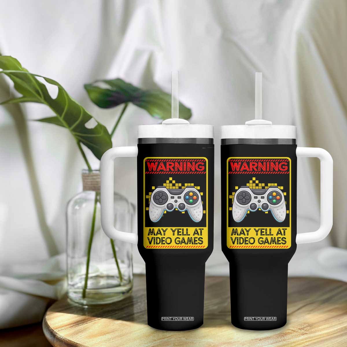 Funny Video Gamer Tumbler With Handle Warning May Yell At Video Games TS14 Print Your Wear