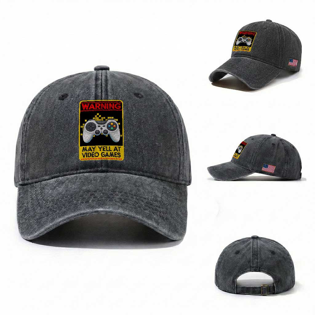Funny Video Gamer Washed Cotton Baseball Cap Warning May Yell At Video Games TS14 Washed Cap Universal Fit Dark Gray Print Your Wear
