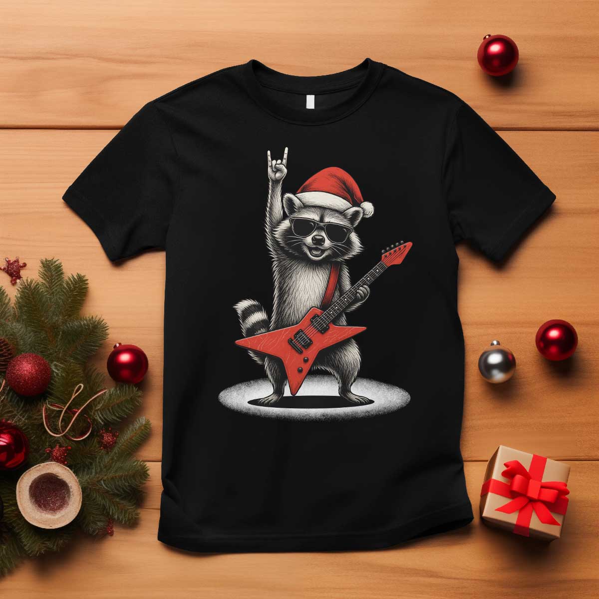 Funny Raccoon Rock Music Christmas T Shirt TS14 Black Print Your Wear