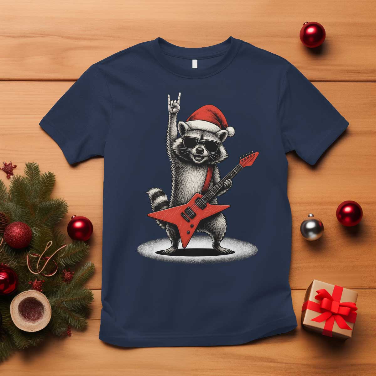 Funny Raccoon Rock Music Christmas T Shirt TS14 Navy Print Your Wear