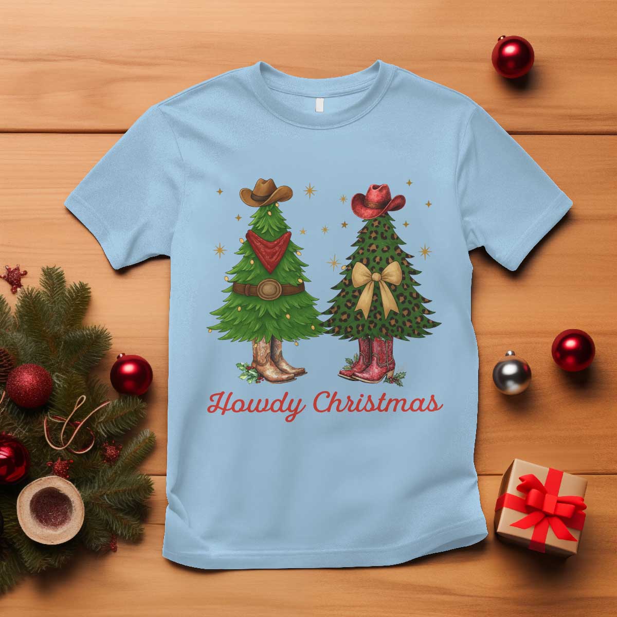 Howdy Christmas T Shirt Cowboy Western Country Xmas TS14 Light Blue Print Your Wear