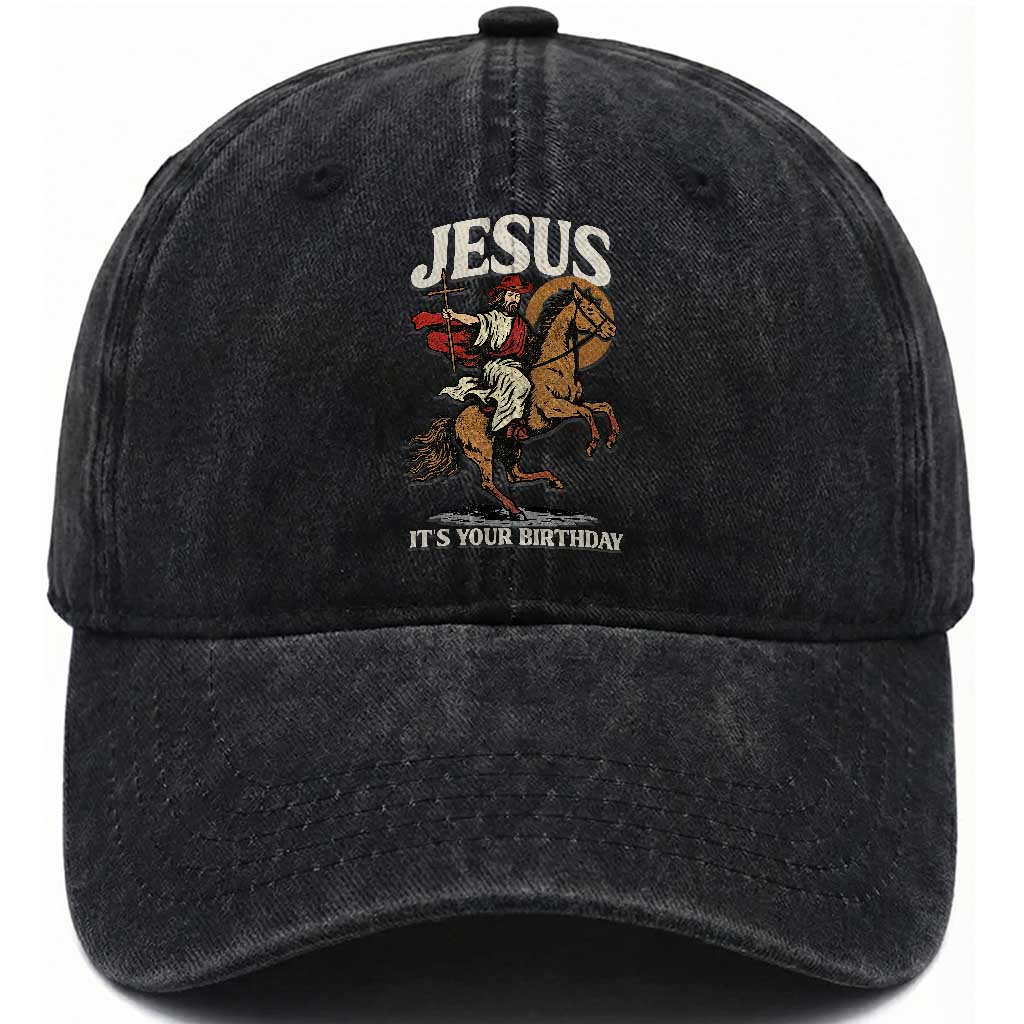 Funny Cowboy Jesus Christmas Washed Cotton Baseball Cap It Is Your Birthday TS14 Washed Cap Universal Fit Black Print Your Wear