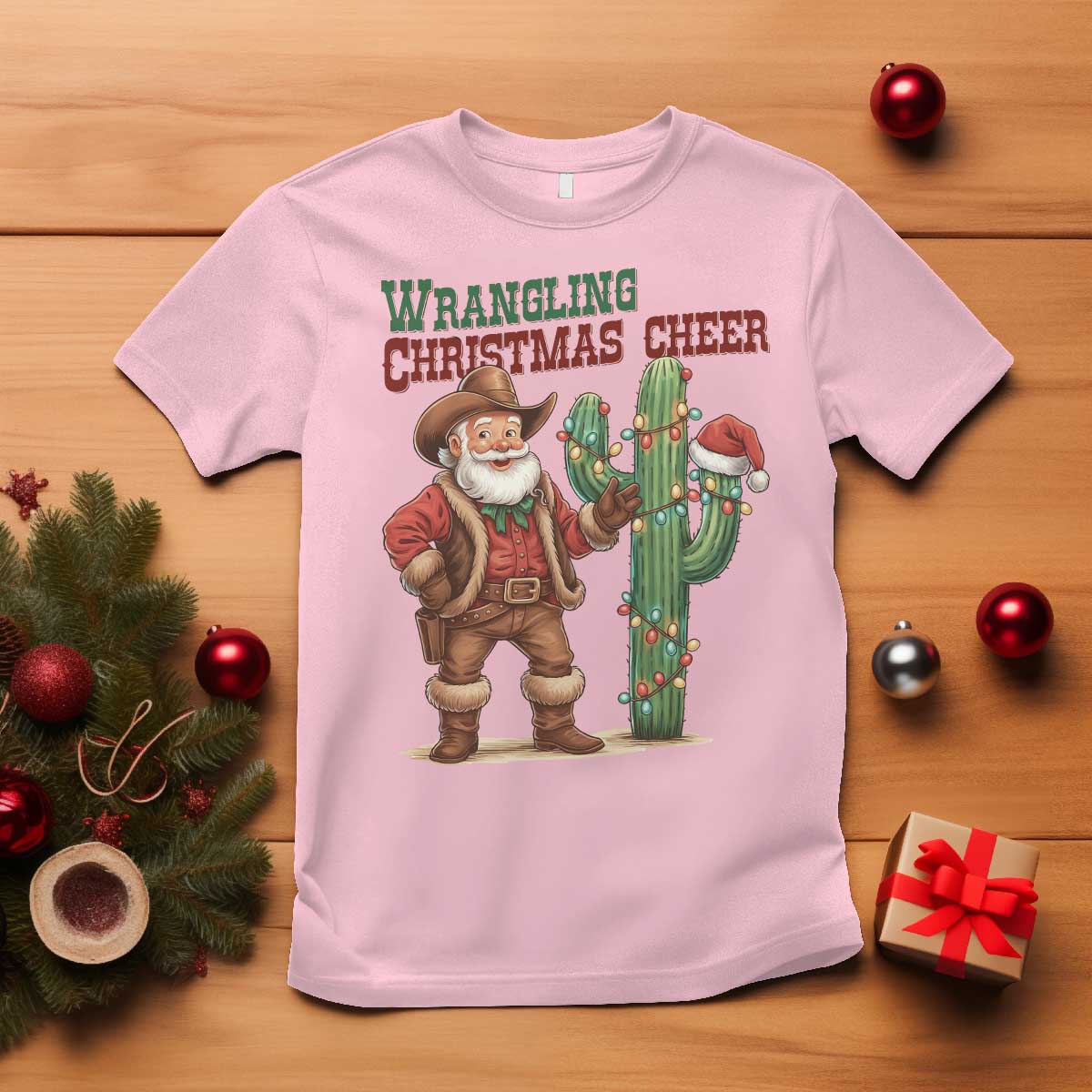 Funny Santa Cowboy T Shirt Wrangling Christmas Cheer TS14 Light Pink Print Your Wear