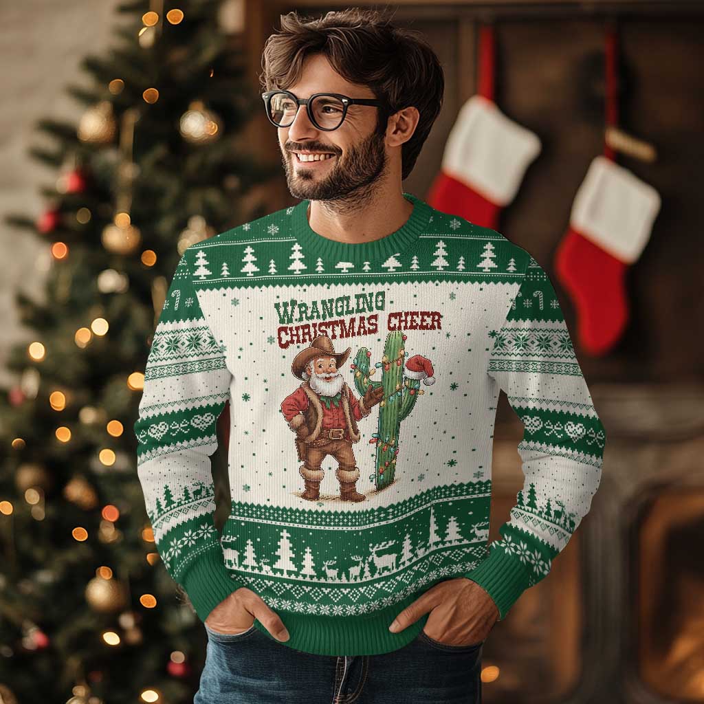 Funny Santa Cowboy Ugly Christmas Sweater Wrangling Xmas Cheer TS14 Beige Green Print Your Wear