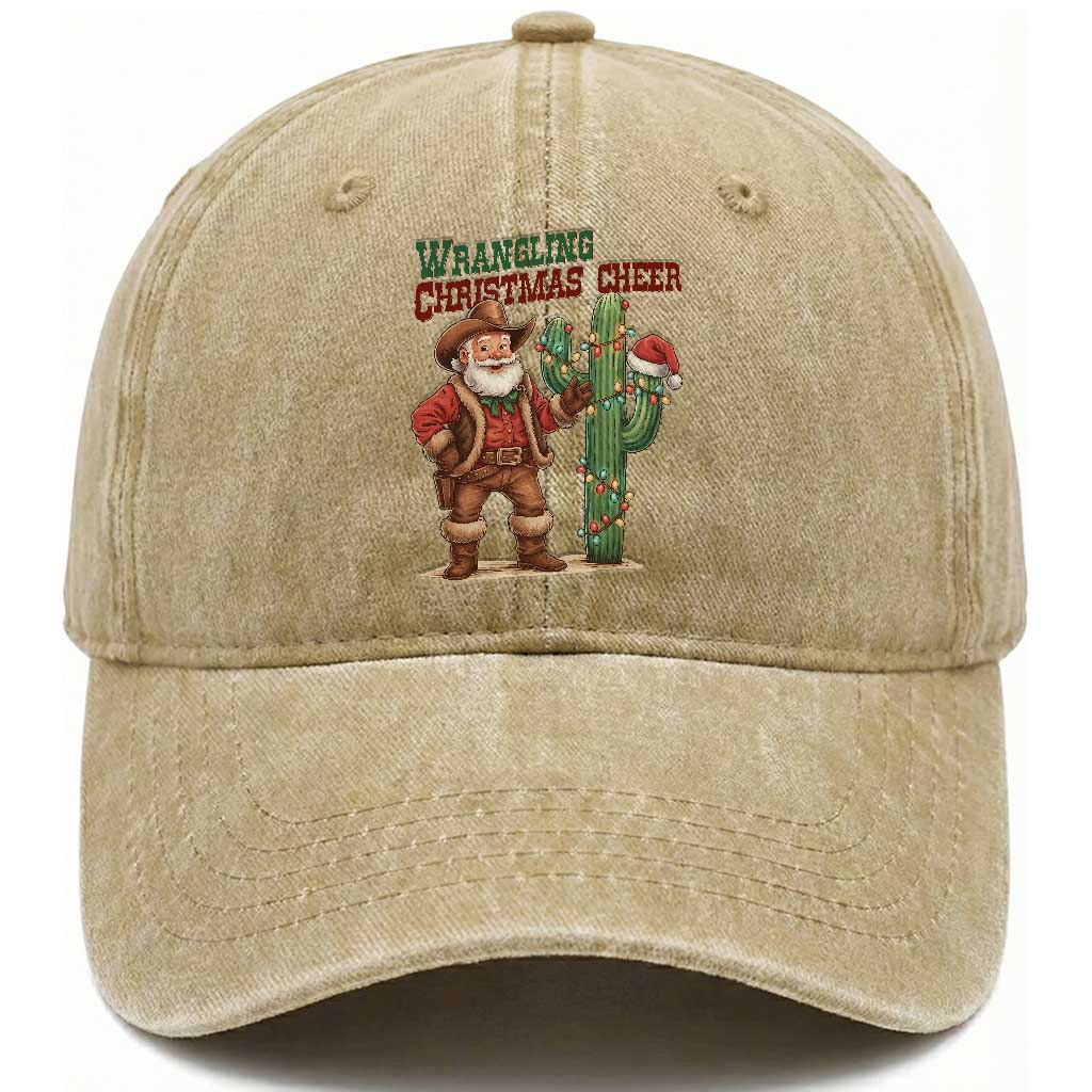 Funny Santa Cowboy Washed Cotton Baseball Cap Wrangling Christmas Cheer TS14 Washed Cap Universal Fit Khaki Print Your Wear
