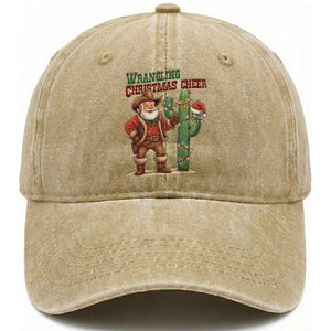 Funny Santa Cowboy Washed Cotton Baseball Cap Wrangling Christmas Cheer TS14 Washed Cap Universal Fit Khaki Print Your Wear