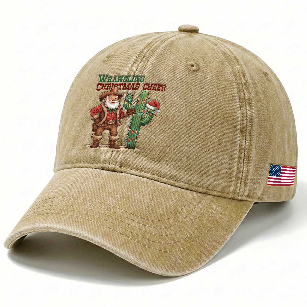 Funny Santa Cowboy Washed Cotton Baseball Cap Wrangling Christmas Cheer TS14 Print Your Wear