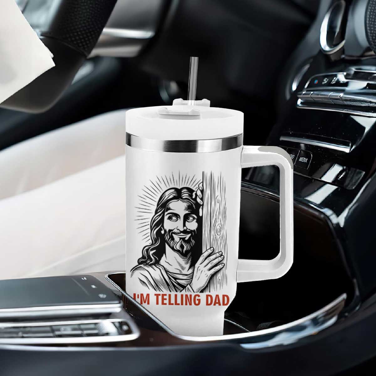 Funny Jesus Christian Meme Tumbler With Handle I Am Telling Dad TS14 Print Your Wear