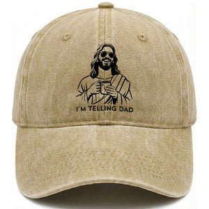 Funny Jesus Meme Washed Cotton Baseball Cap I Am Telling Dad TS14 Washed Cap Universal Fit Khaki Print Your Wear