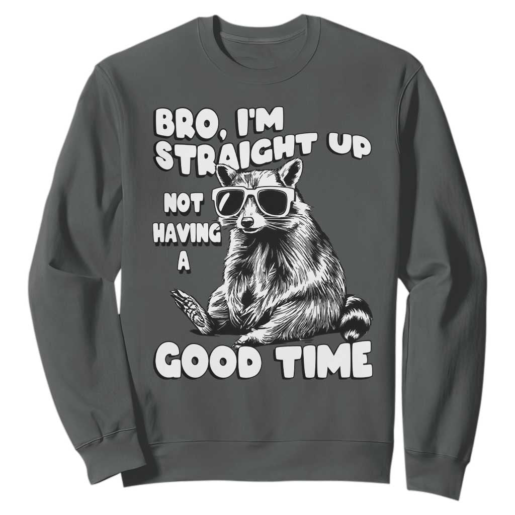 Funny Raccon Sarcastic Sweatshirt Bro I Am Straight Up Not Even Having A Good Time TS14 Dark Heather Print Your Wear