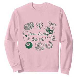 How Lucky Are We Sweatshirt Irish Shamrock Horseshoe St Patricks Day TS14 Light Pink Print Your Wear