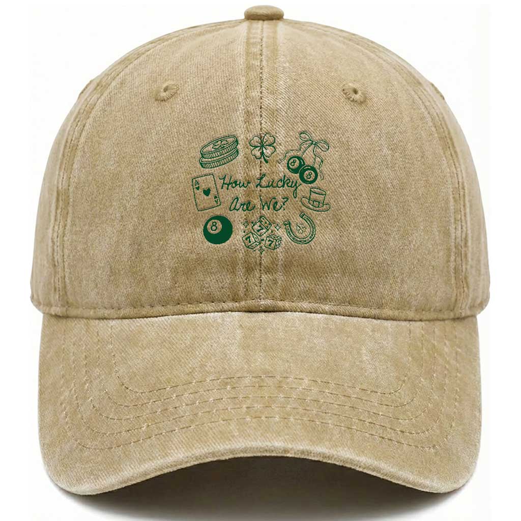 How Lucky Are We Washed Cotton Baseball Cap Irish Shamrock Horseshoe St Patricks Day TS14 Washed Cap Universal Fit Khaki Print Your Wear